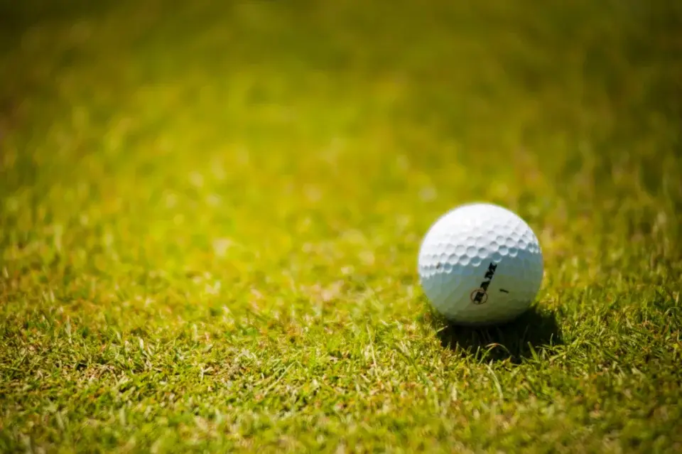 Witte golfbal op de green in warm licht